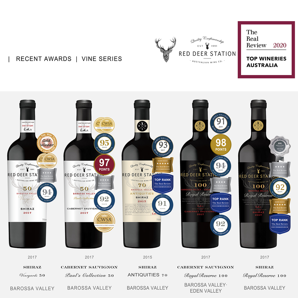 Red Deer Station award-winning wine bottles with medal stickers