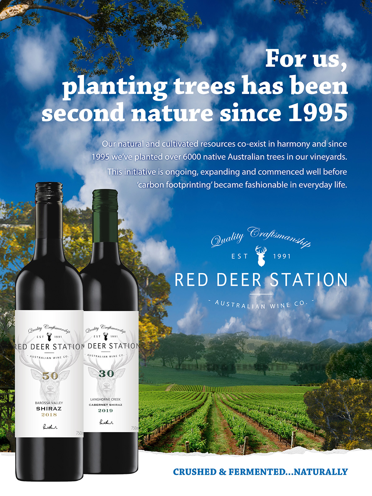 Red Deer Station sustainability poster with wine bottles and vineyard landscape